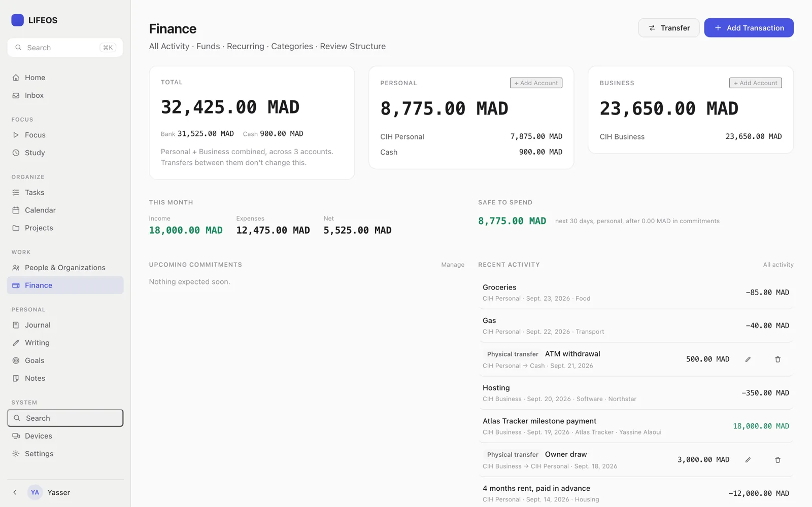 The LifeOS finance screen: totals across personal and business accounts, this month’s income and expenses, and recent activity.