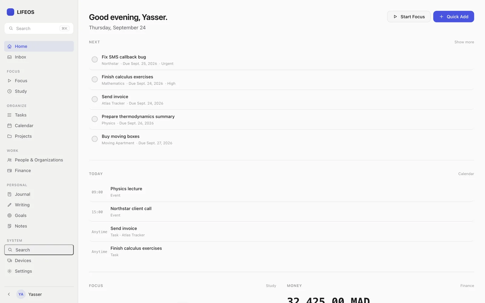 The LifeOS home screen: next tasks with projects and due dates, today’s events, and the sidebar of modules.