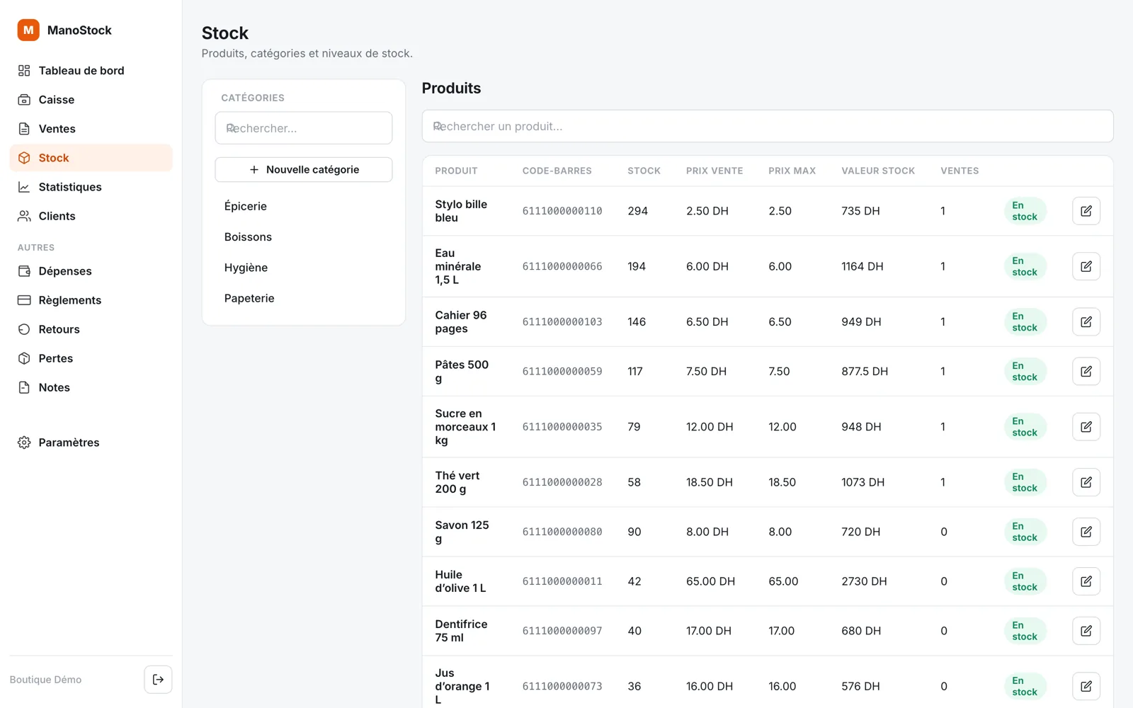 The ManoStock stock page: categories on the left, and products with barcodes, quantities, prices and stock value.