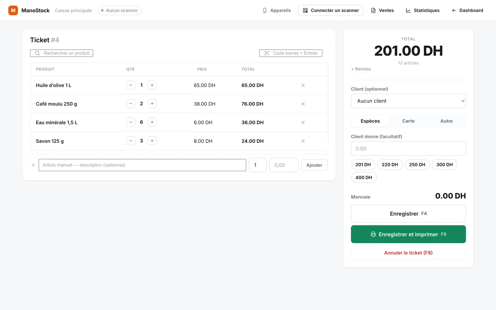 The ManoStock till: an open ticket with four products, a 201.00 DH total, payment method choices and quick cash amounts.